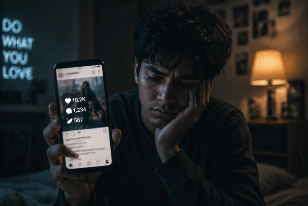 person holding phone with social media likes but feeling empty inside validation addiction