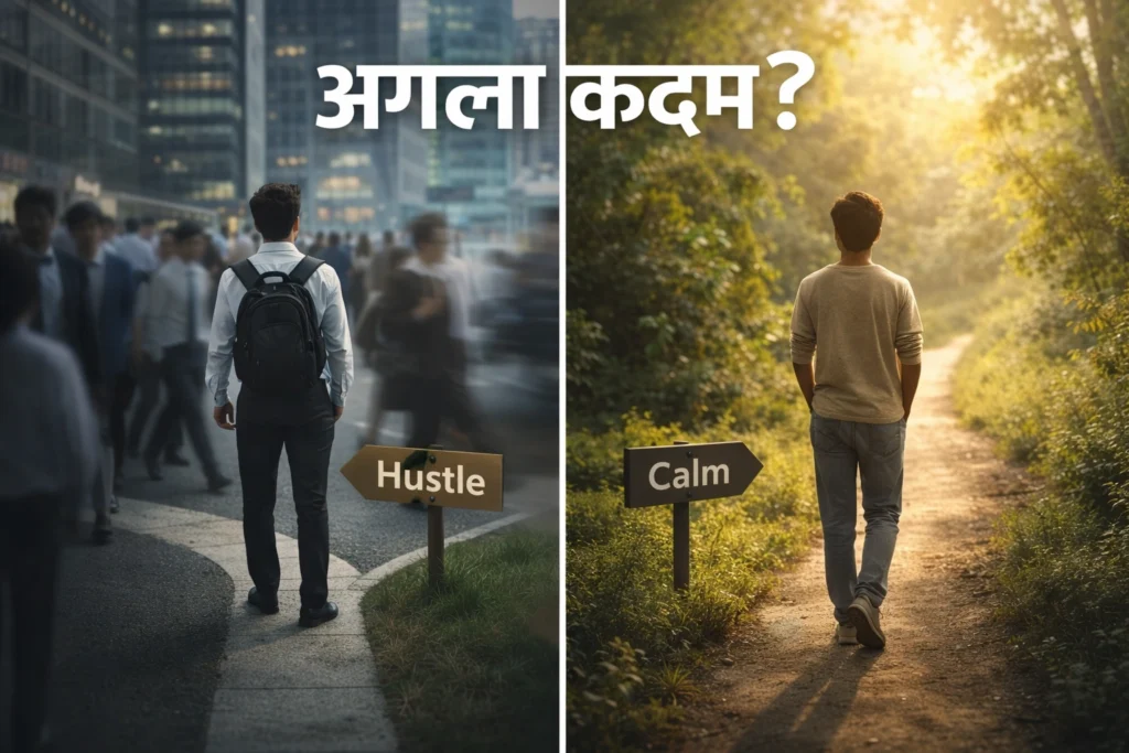 Young man choosing between hustle city path and calm nature path representing life choices
