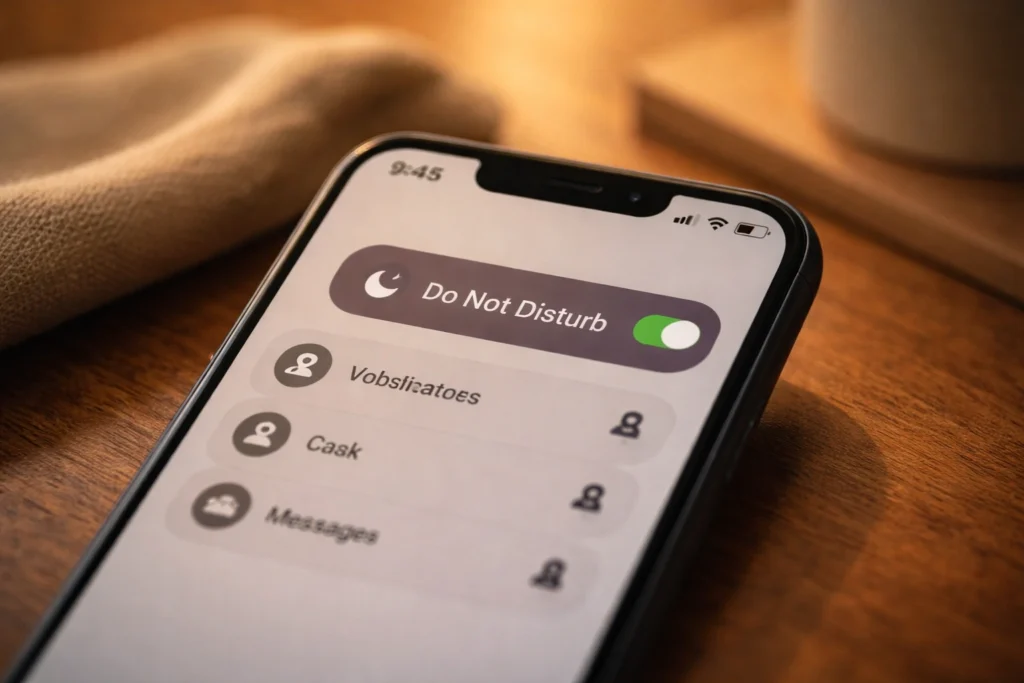 Smartphone showing do not disturb mode enabled with muted notifications representing work boundaries