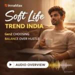 Soft life trend India audio cover showing young professional relaxing with coffee and closed laptop