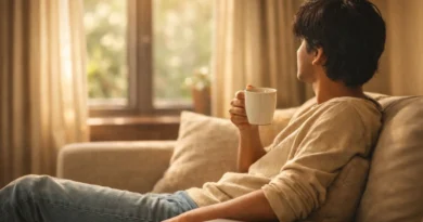 Young Indian professional relaxing on couch with laptop closed, representing soft life trend India