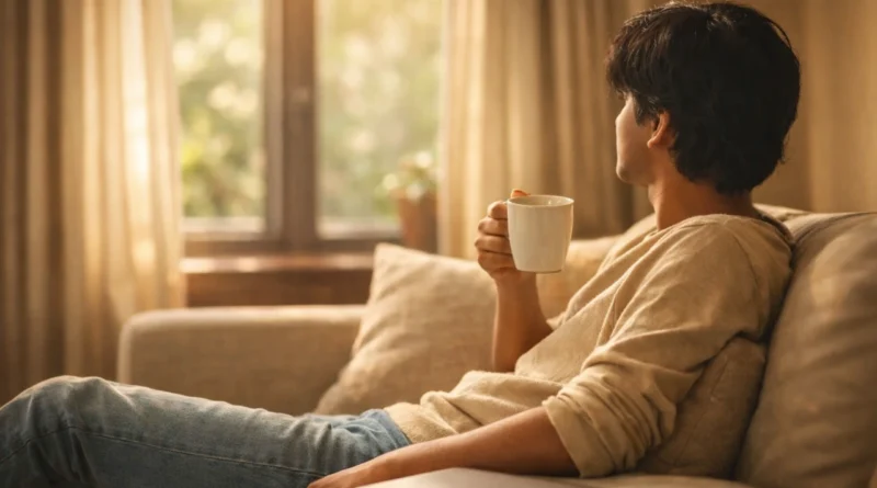 Young Indian professional relaxing on couch with laptop closed, representing soft life trend India