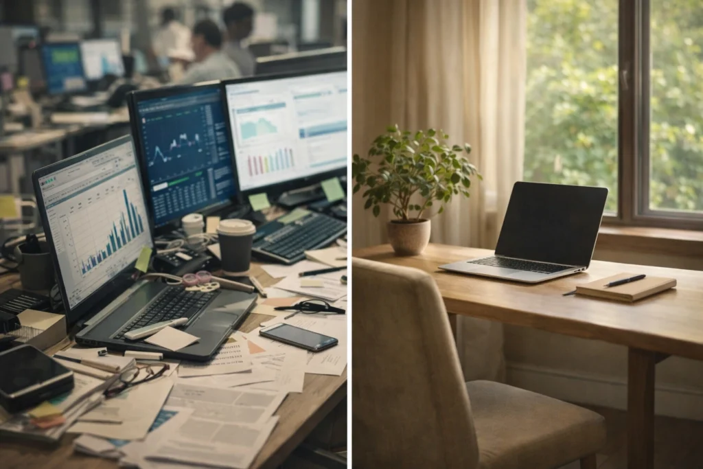 Split image showing busy office workspace and calm minimal home workspace representing hustle vs soft life