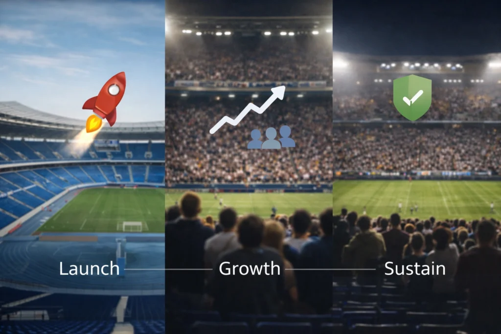 Sports league lifecycle showing empty stadium to full stadium growth concept