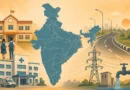 Illustration of India map with school, hospital, road and electricity services representing state government impact