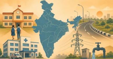 Illustration of India map with school, hospital, road and electricity services representing state government impact