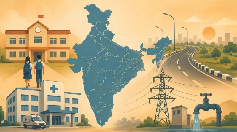 Illustration of India map with school, hospital, road and electricity services representing state government impact