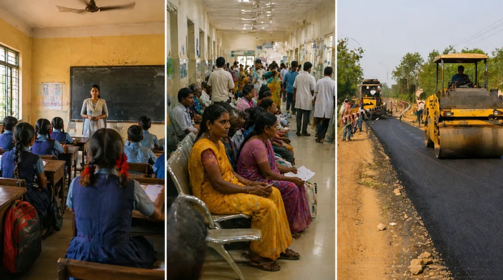 Government school classroom, public hospital waiting area and road construction showing everyday state services in India
