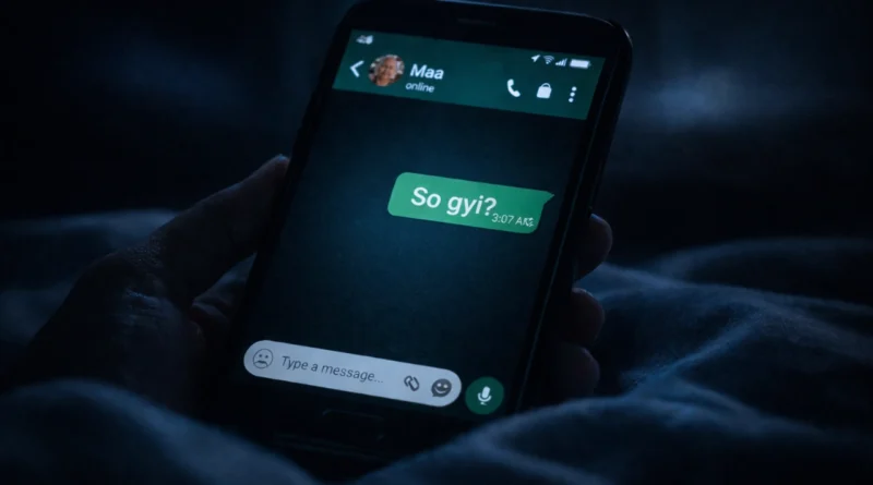 रात में phone screen पर WhatsApp message "सो गई?" दिखता हुआ, मां बेटी emotional story