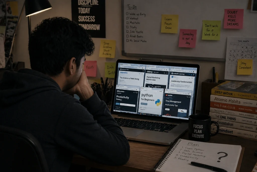 person overwhelmed with online courses multiple tabs no action