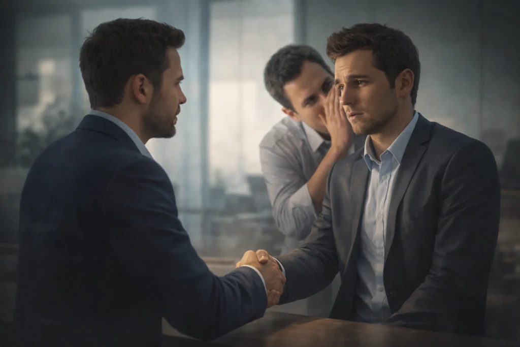 दो लोग हाथ मिला रहे हैं जबकि पीछे एक व्यक्ति चुपचाप कान में कुछ कह रहा है