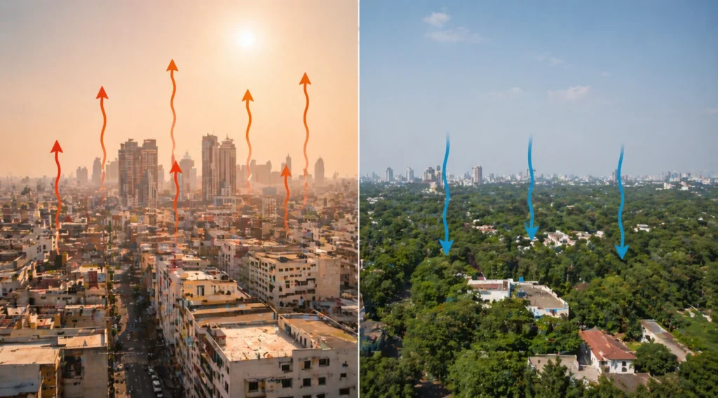 urban heat island effect india city vs green area temperature difference