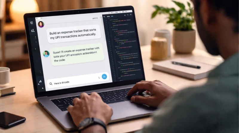 Young Indian professional using AI chat to generate code automatically on laptop