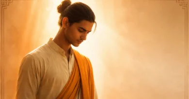 Young Indian person standing with head slightly bowed in calm dignity, symbolizing humility as strength