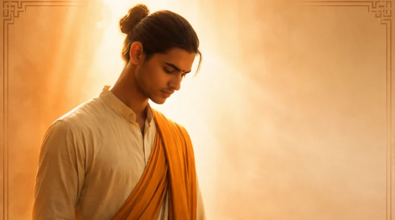 Young Indian person standing with head slightly bowed in calm dignity, symbolizing humility as strength