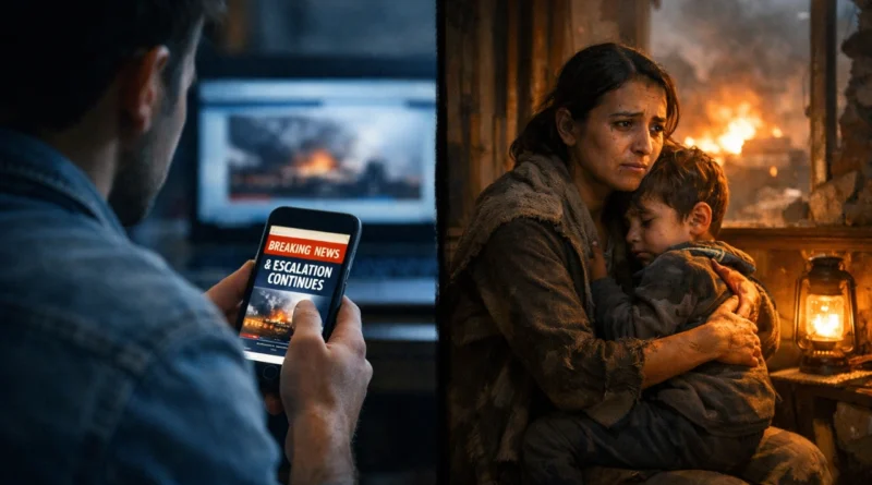 person scrolling war news vs real life impact emotional contrast