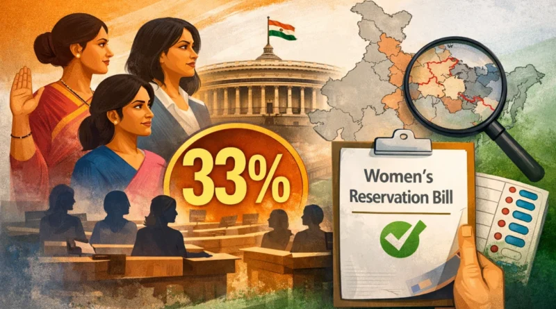 Women reservation 33 percent India concept showing Parliament and women representation