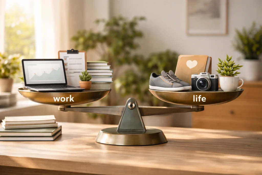 Balanced scale showing work tasks and personal life representing work life balance