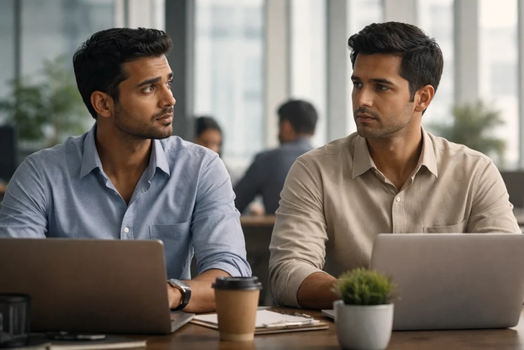 दो भारतीय सहकर्मी ऑफिस में बैठे हैं, दोनों के बीच हल्का तनाव दिखाई दे रहा है