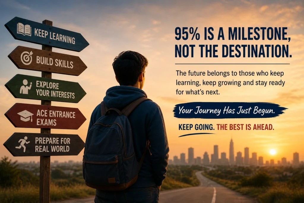Student standing on road looking towards future after scoring 95 percent symbolizing journey beyond marks