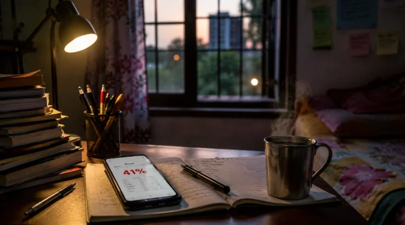 Student study table with phone showing 41 percent exam result and a cup of chai in an Indian home