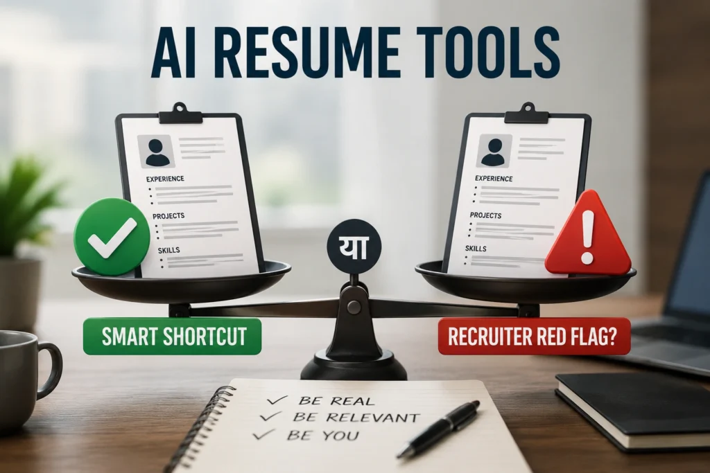 Balance scale comparing AI-generated resumes as a smart shortcut or recruiter red flag with checklist saying be real, be relevant, be you.