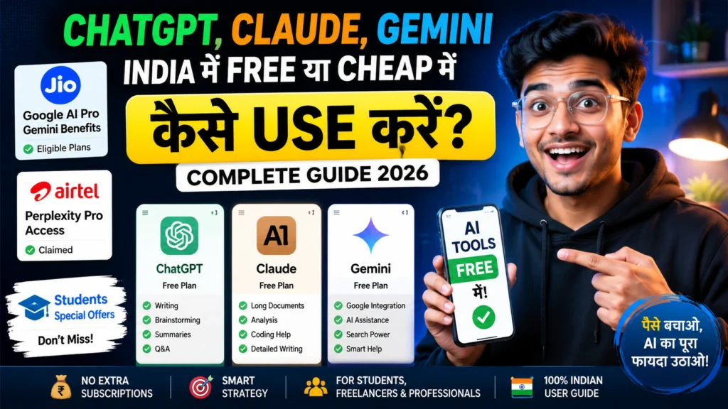 Young Indian user shocked comparing expensive AI subscriptions vs free ChatGPT, Claude and Gemini access