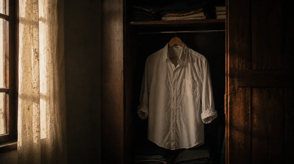 Old white shirt hanging quietly inside wooden almirah