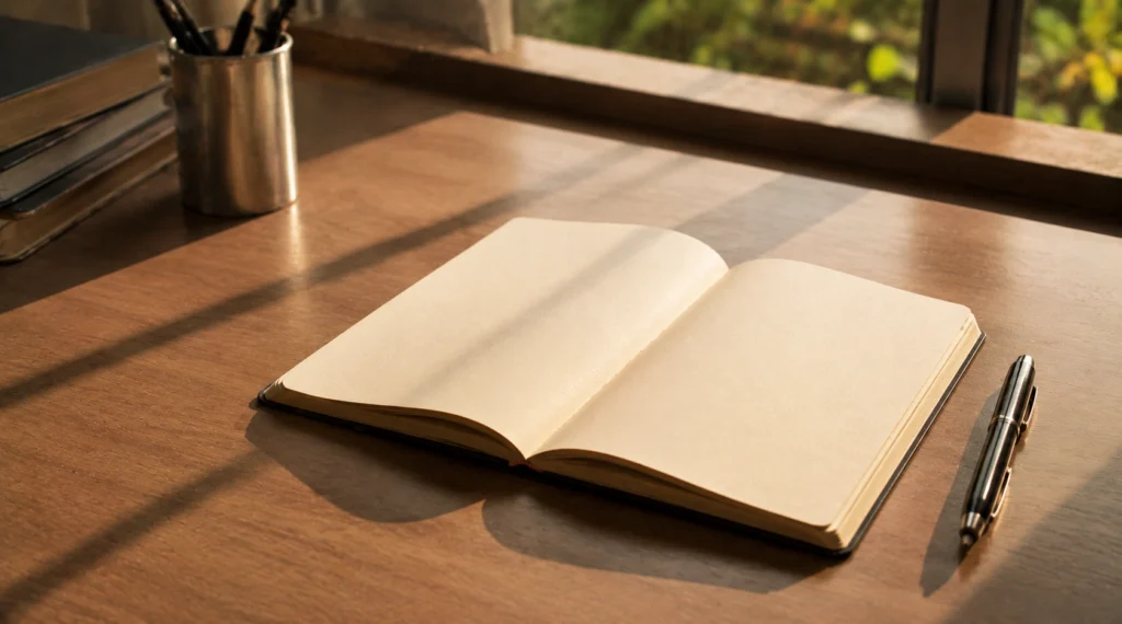 ऑफिस desk पर खुली notebook और pen, appraisal और career planning concept