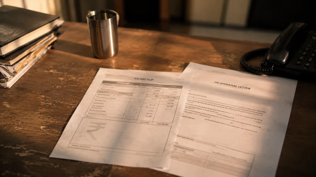 Desk पर salary slip और HR appraisal letter, India office appraisal cycle concept