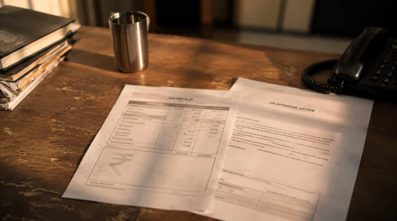 Desk पर salary slip और HR appraisal letter, India office appraisal cycle concept