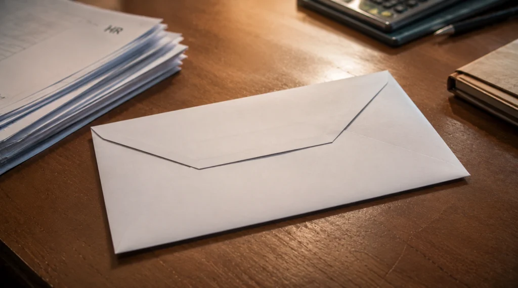 ऑफिस desk पर रखा envelope, appraisal mail और HR communication concept