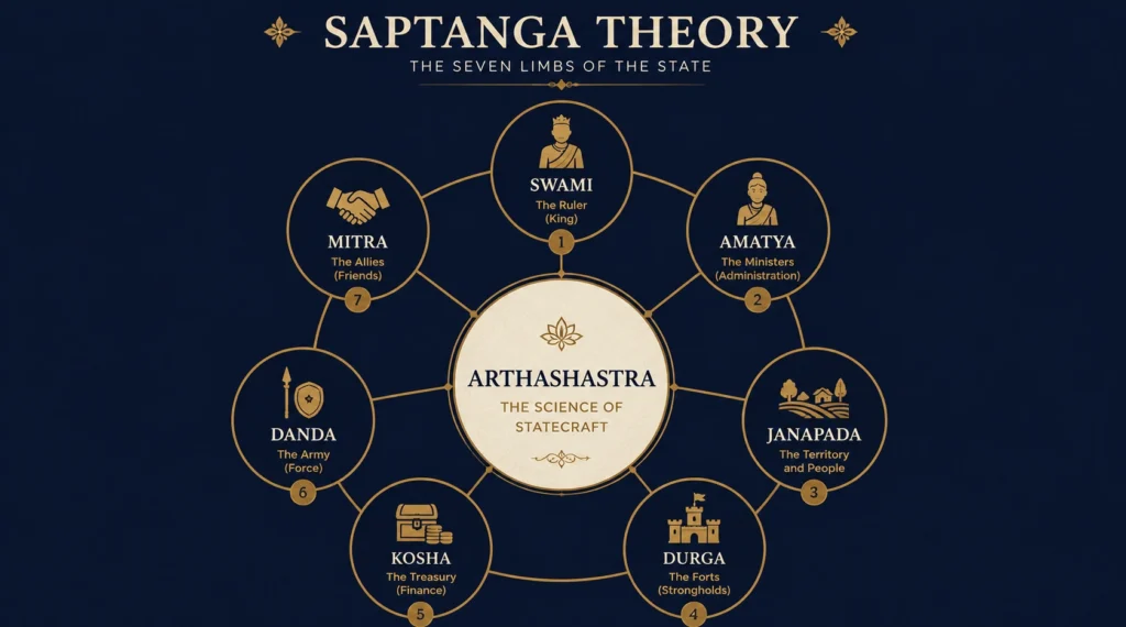 Saptanga Theory infographic from Arthashastra showing seven pillars of state