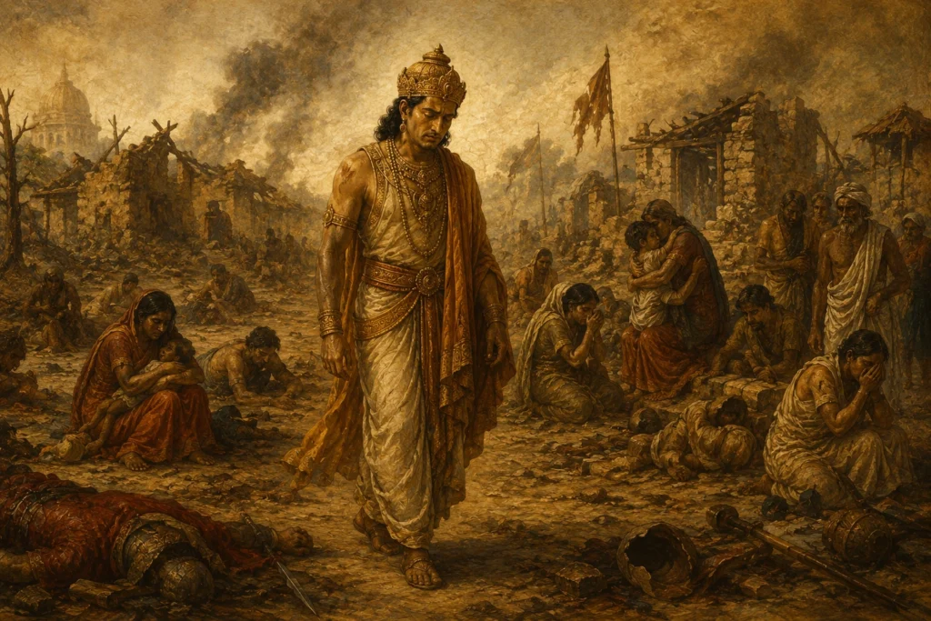 Ashoka walking through devastated settlements after Kalinga war