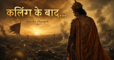 Emperor Ashoka standing silently after Kalinga war battlefield