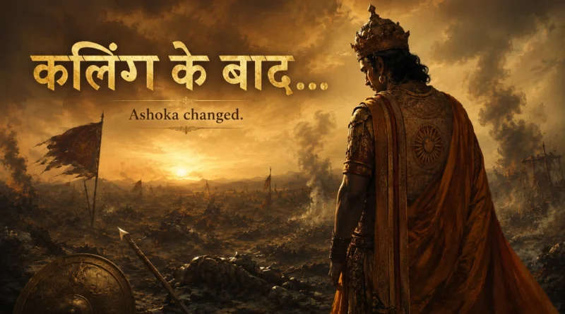Emperor Ashoka standing silently after Kalinga war battlefield