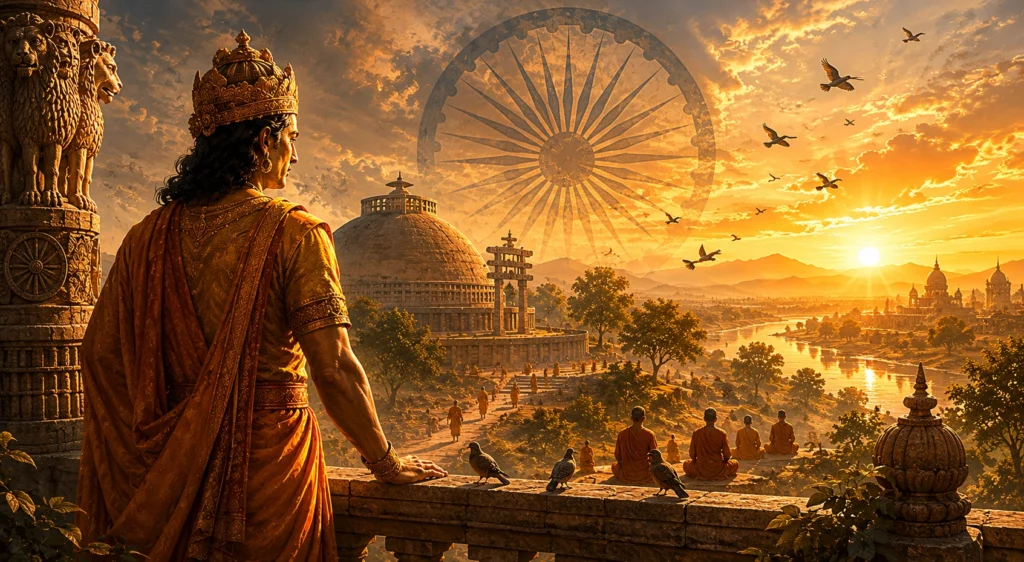 Reflective Ashoka overlooking peaceful ancient Indian landscape at sunrise
