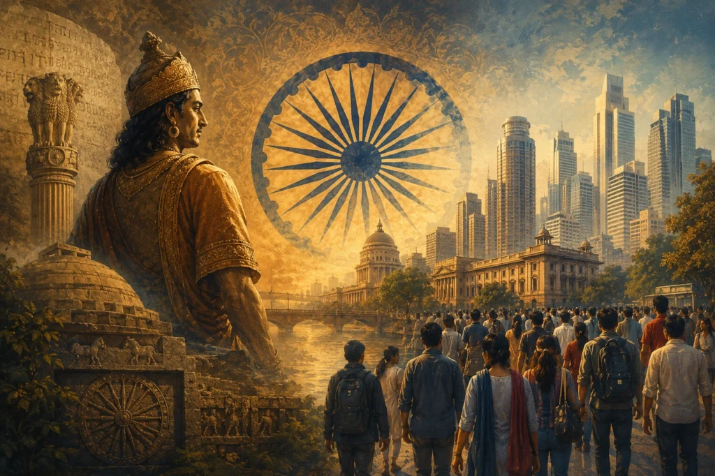 Ashoka Chakra blending symbolically with modern Indian society and institutions