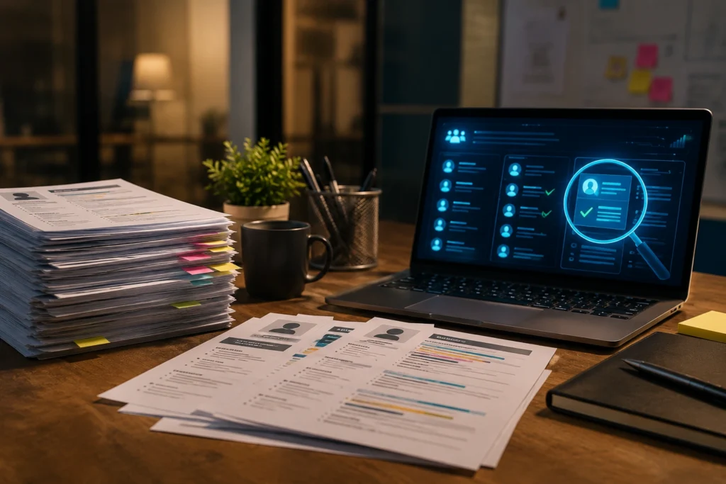 Recruiter desk with ATS resume screening setup