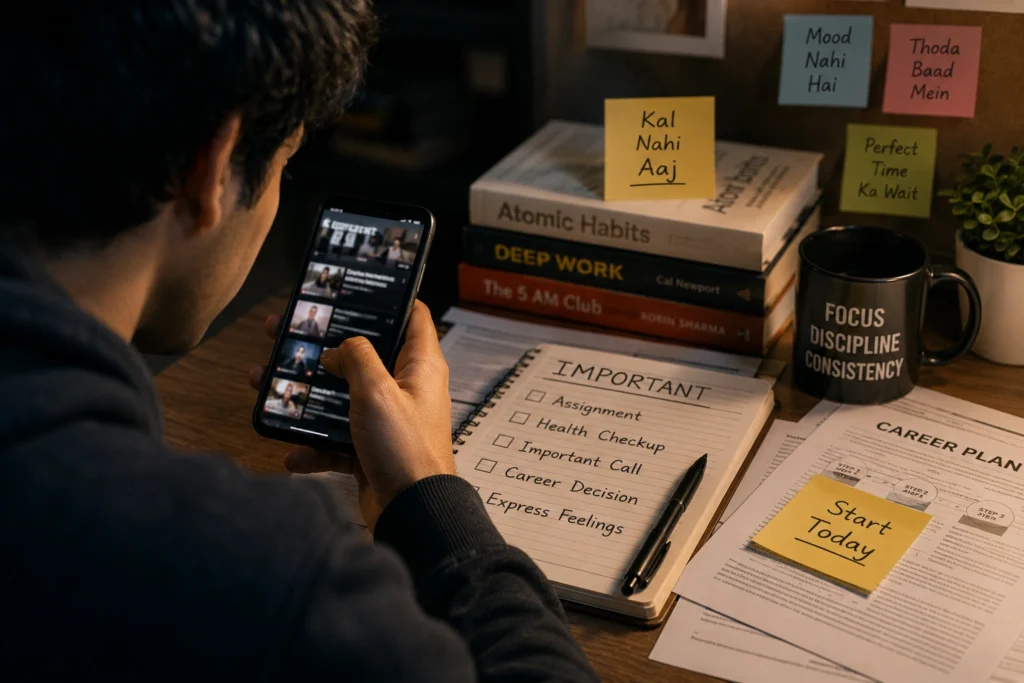 Phone scrolling while important tasks and career planning stay unfinished