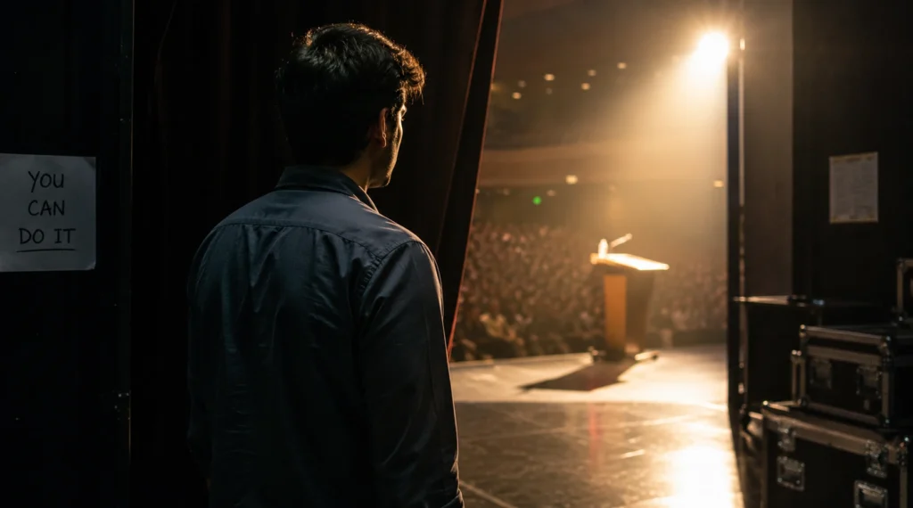 Person standing nervously backstage before entering spotlight