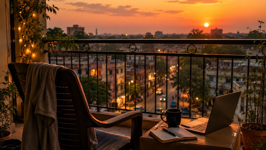 empty plastic chair on balcony during quiet evening reflection