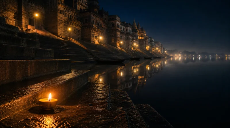 Banaras ghat at 2 AM with still Ganga and single diya on wet stone steps