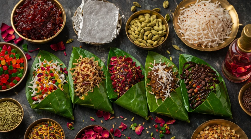 बनारसी पान के ingredients — gulkand, silver vark, coconut, tutti frutti