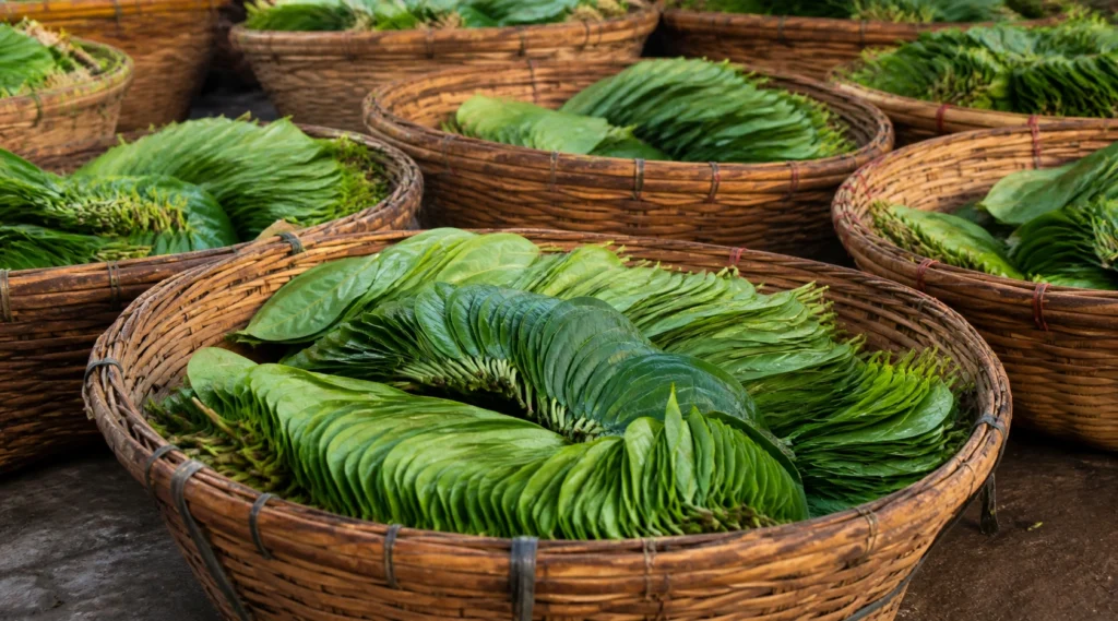 पान के पत्तों की ढोली — bamboo baskets में wholesale market