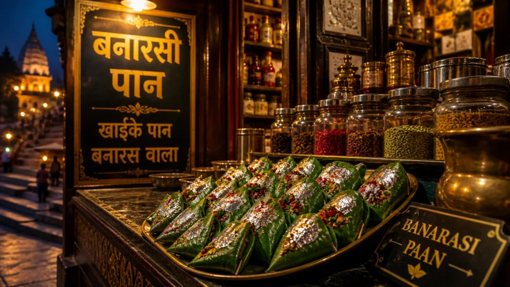 बनारसी पान की दुकान शाम के समय — सजे हुए पान और ingredients