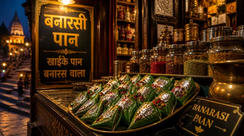 बनारसी पान की दुकान शाम के समय — सजे हुए पान और ingredients