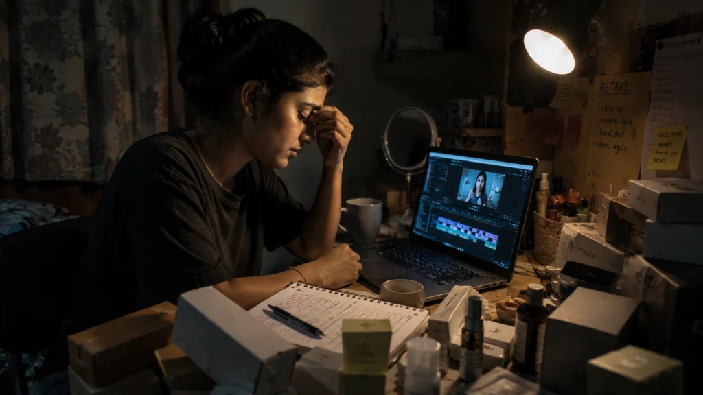 Exhausted Indian creator surrounded by product boxes and editing work late at night