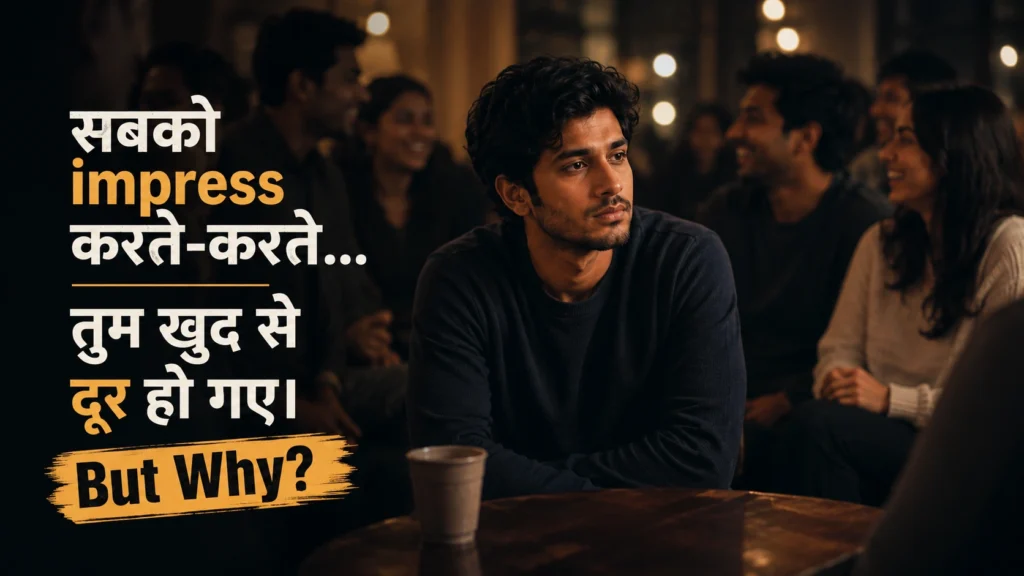 Young man sitting emotionally disconnected in a crowded social gathering while trying to impress everyone