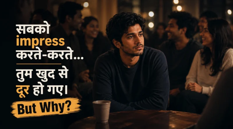 Young man sitting emotionally disconnected in a crowded social gathering while trying to impress everyone